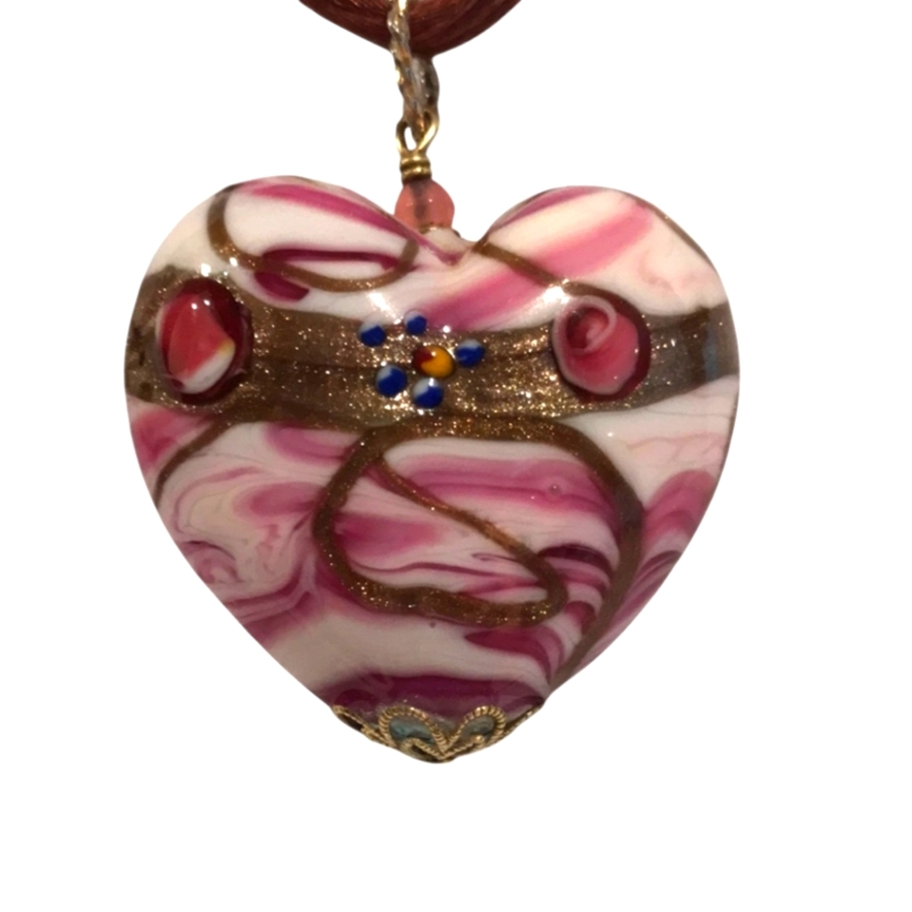 Murano Glass Heart Rose Pendant with Leather Chain